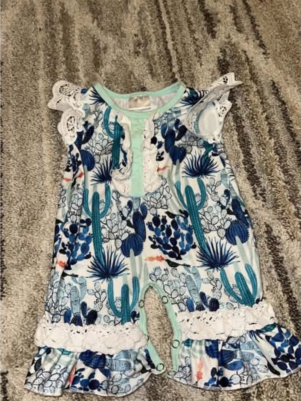 Blue Cactus Print Lace-Trim Romper for Girls